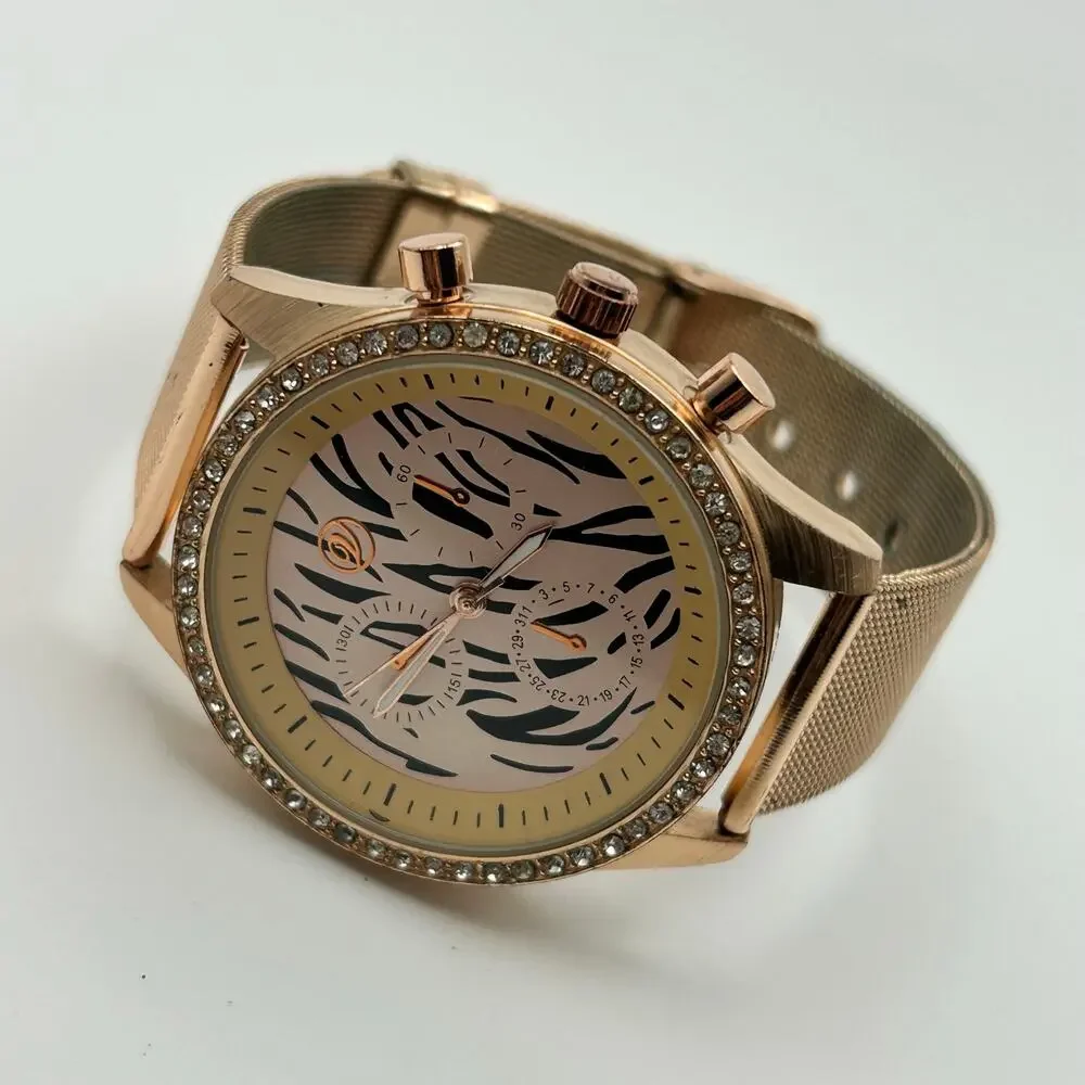 Animal Print Crystal and Gold Metal Face Watch Gold Mesh Band